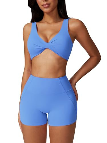 ABOCIW Workout Sets for Women, Twist Front Cross Back Sports Bra Tummy Control High Waist Biker Shorts 2 Piece Gym Yoga Outfits Sky Blue X-Small | Amazon (US)