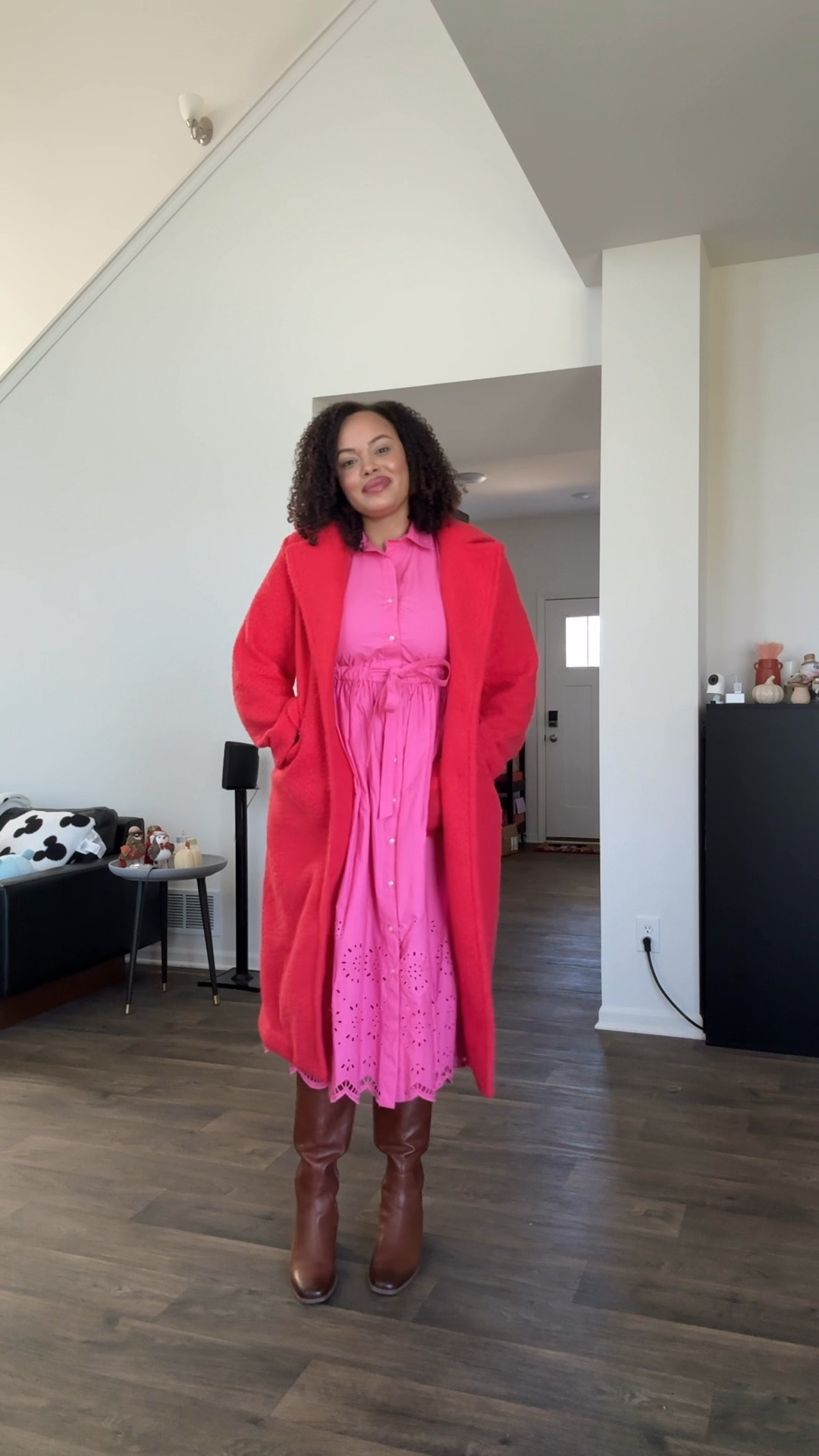 Winter outfit inspo, fall boots, winter boots, red teddy coat, pink shirt dress, midsize fashion, curly hair 

#LTKootd #LTKMidsize #LTKgrwm