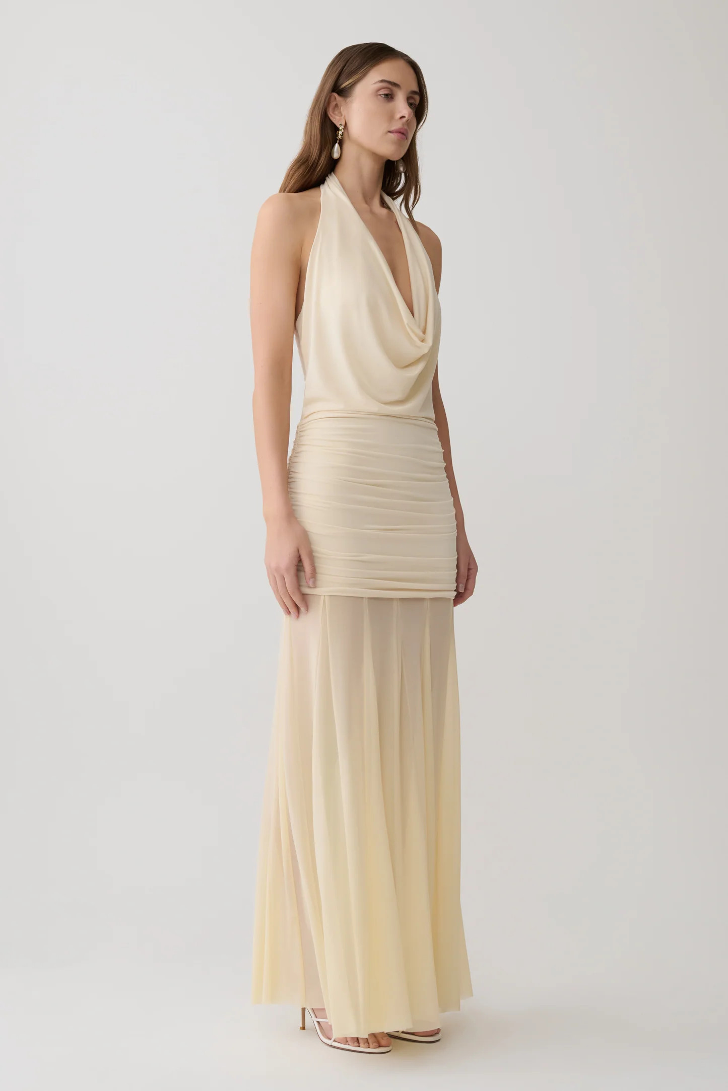 Jorja Draped Halter Slinky Maxi Dress - Ivory | Meshki (APAC)