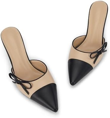 Coutgo Womens Bow Tie Mules Heels Two Tone Closed Pointed Toe Slip On Backless Wedding Dress Shoe... | Amazon (US)