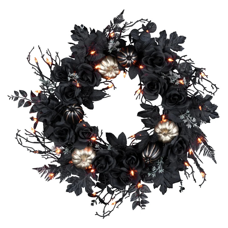24in. Chic Eek Black Halloween Wreath with LED Lights | Wayfair North America
