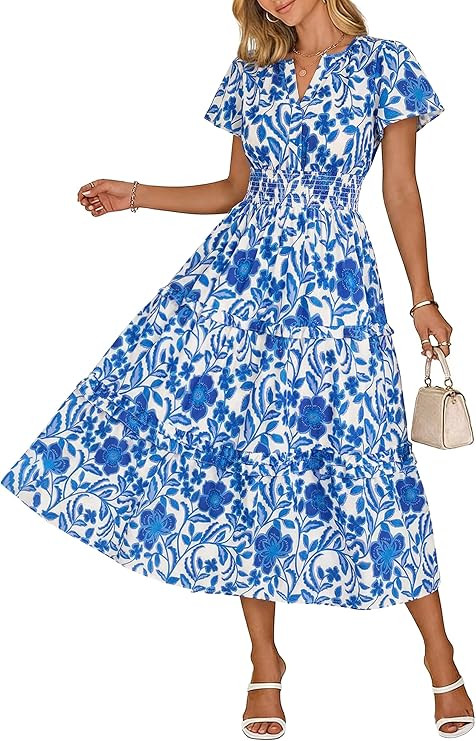 Wenrine Womens Summer Short Sleeve Maxi Dresses Casual Floral V Neck Smocked Tiered Flowy Boho Be... | Amazon (US)