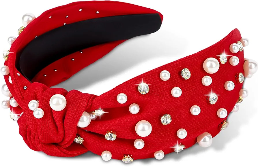 Jaciya Pearl Headbands for Girls Rhinestone Headbands for Women Wide Knotted Red Headband for Wom... | Amazon (US)