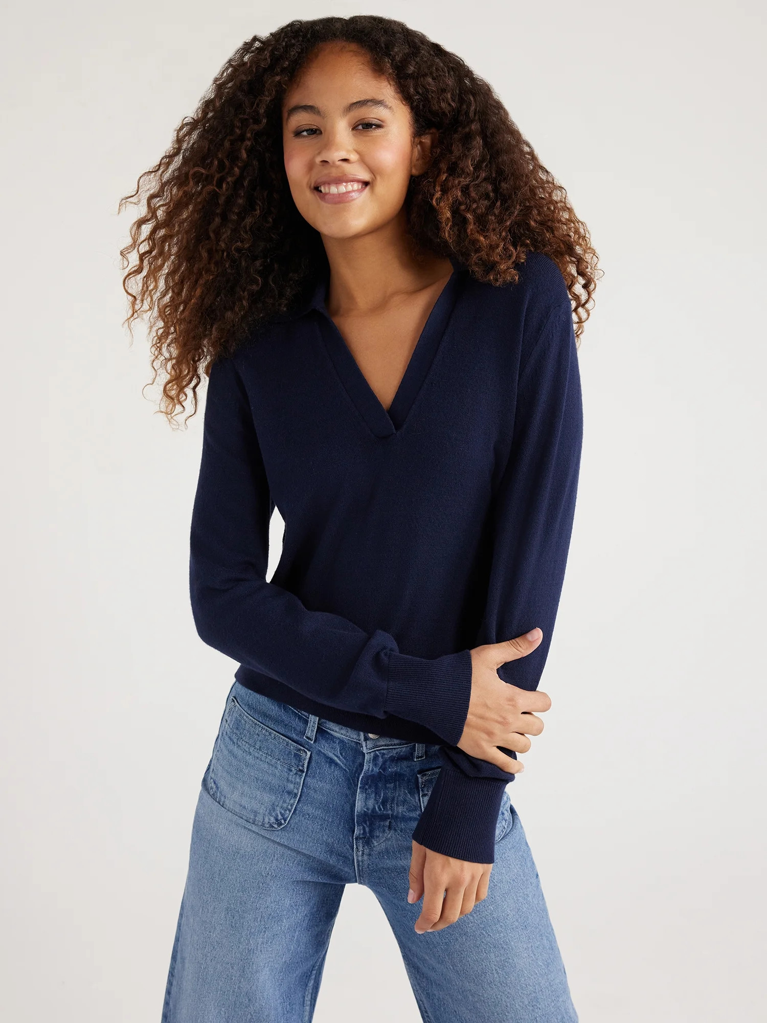Free Assembly Easy Polo Sweater with Long Sleeves, Lightweight, Sizes XS-XXL | Walmart (US)