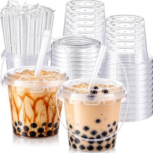 QIMILA 15 Sets 24 oz Clear Plastic Drink Buckets with Lids, Straws and Handles, PP Disposable Cups for Smoothies, Ice Cream, Outdoor Travel, Beach, Pool and Party Supplies | Amazon (US)