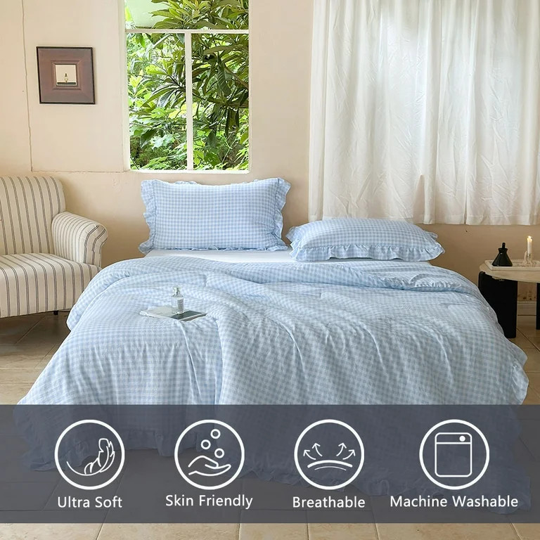 Light Blue Gingham Ruffle Queen Comforter Set, Blue Ruffled Plaid Bedding Set, Ruffled Checked Be... | Walmart (US)