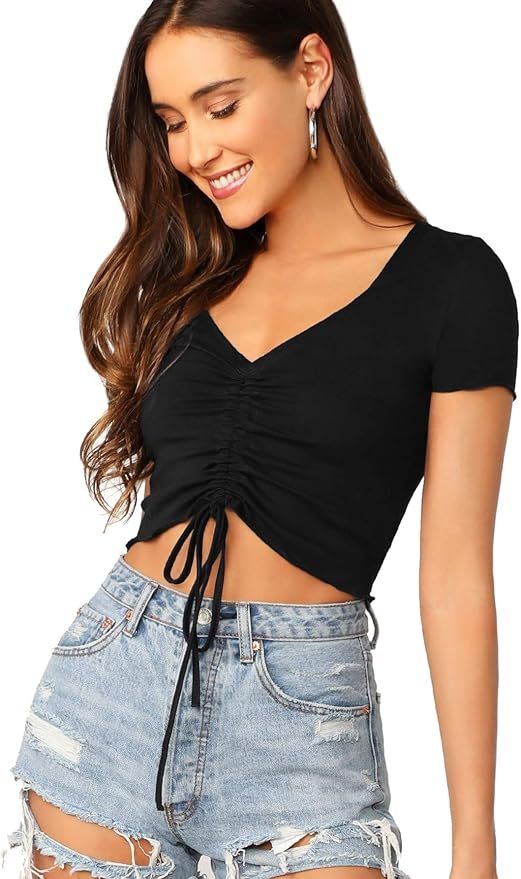 Verdusa Women's Ruched Drawstring Front V Neck Crop Tee Top | Amazon (US)