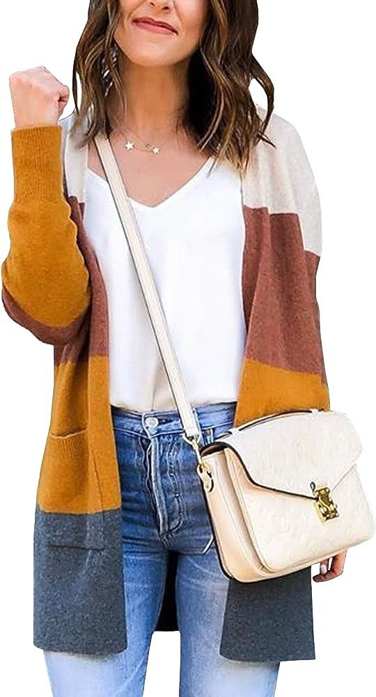 ECOWISH Womens Cardigan Color Block Striped Draped Kimono Cardigans Long Sleeve Open Front Casual... | Amazon (US)