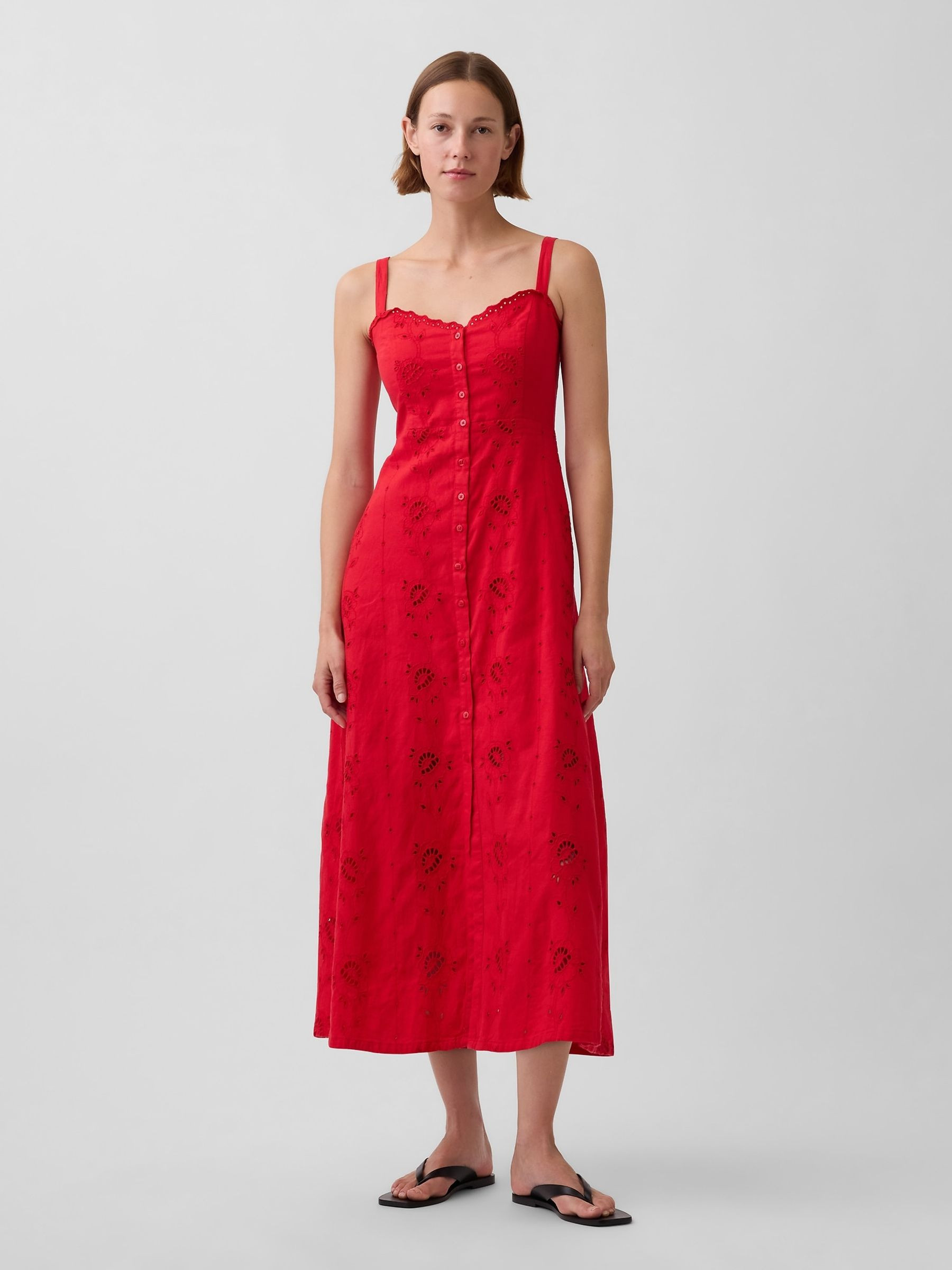 Red Linen Blend Embroidered Button Cami Maxi Dress | Gap | GAP UK