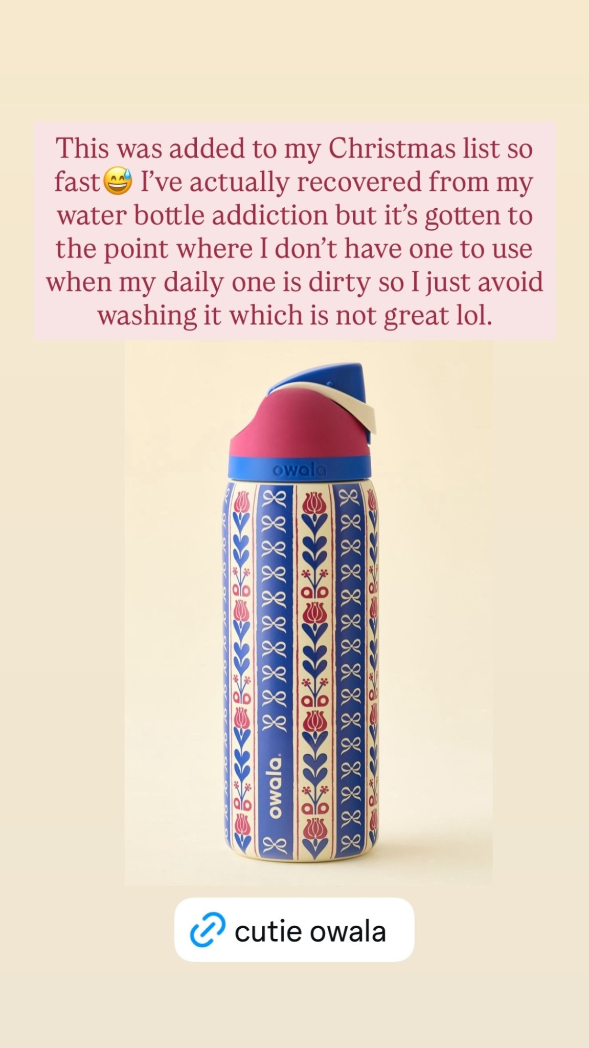 This was added to my Christmas list so fast😅 I’ve actually recovered from my water bottle addiction but it’s gotten to the point where I don’t have one to use when my daily one is dirty so I just avoid washing it which is not great lol.