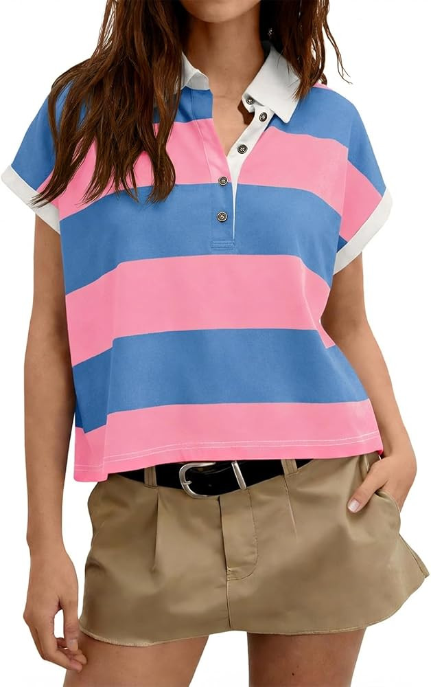 Tankaneo Womens Striped Polo Shirts Summer Short Sleeve Rugby Shirt Oversized Cotton Collared Cas... | Amazon (US)