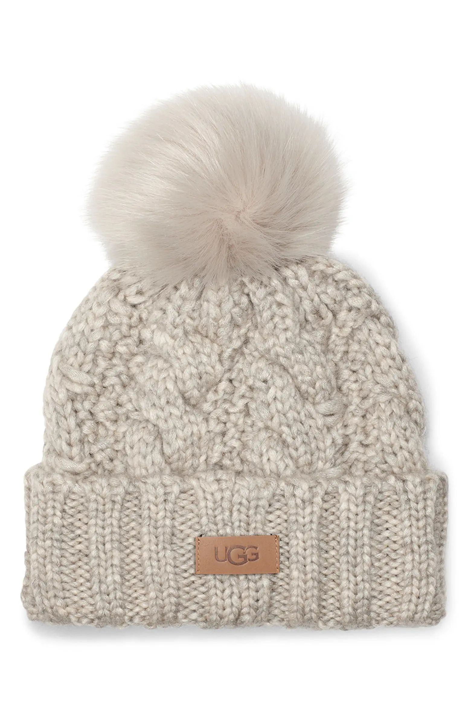 Cable Knit Beanie with Faux Fur Pom | Nordstrom