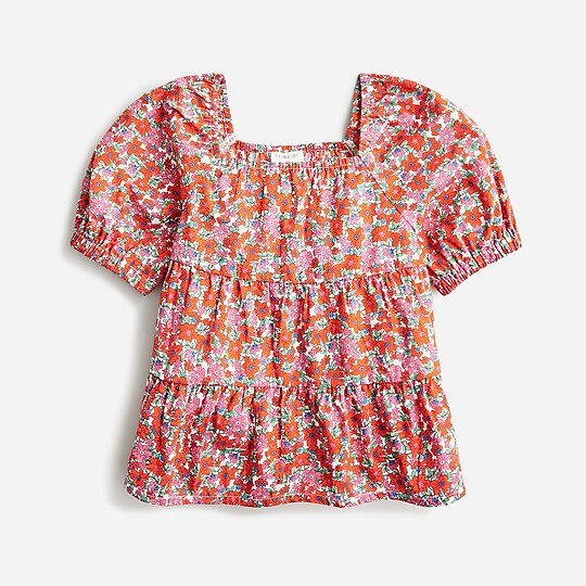 Girls' tiered puff-sleeve top in prints | J. Crew US