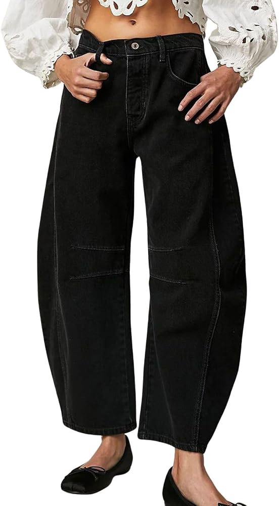 Womens Stretchy Mid Rise Barrel Jeans Vintage Loose Wide Leg Cropped Denim Pants Y2k Baggy Boyfri... | Amazon (US)