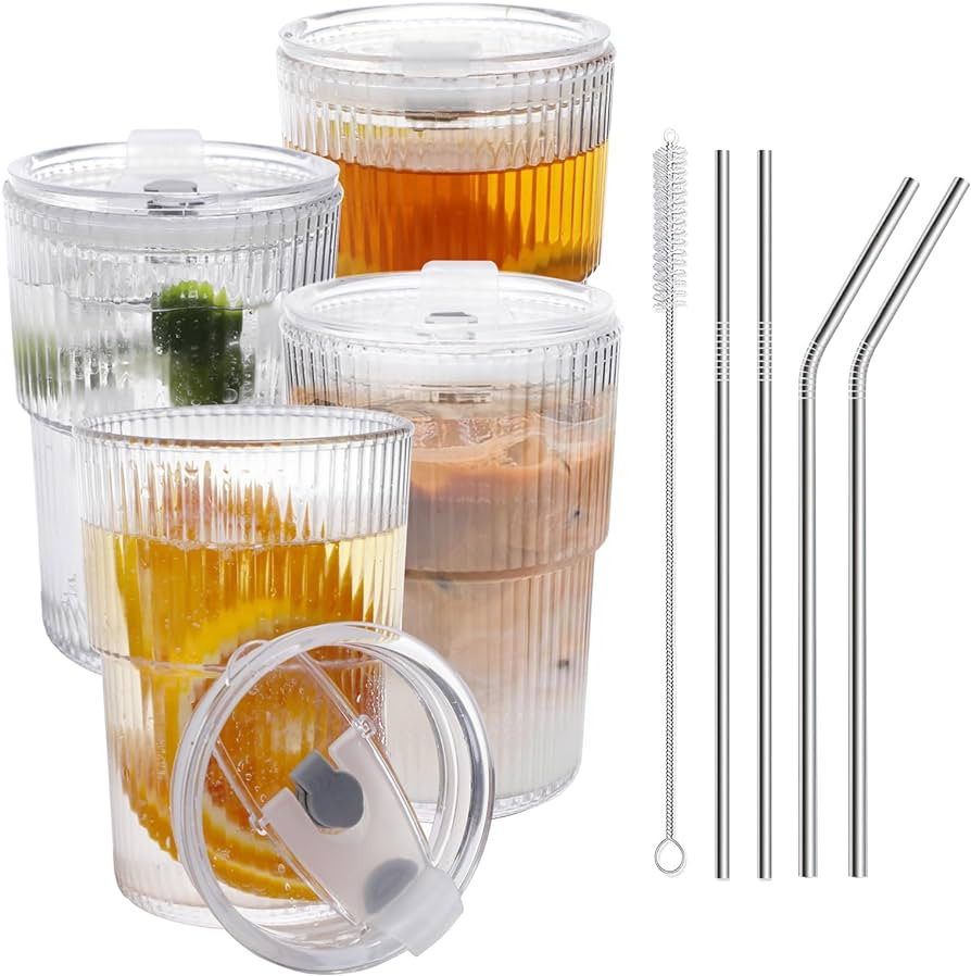 16 OZ Iced Coffee Cups with Lids and Straws Set of 4, Unbreakable Plastic Drinking Glasses Reusab... | Amazon (US)