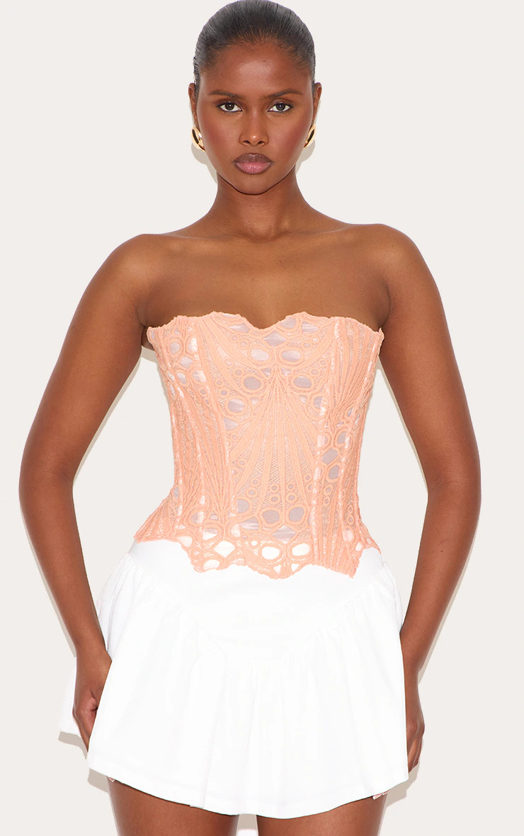 Peach Textured Sheer Floral Lace Corset | PrettyLittleThing UK