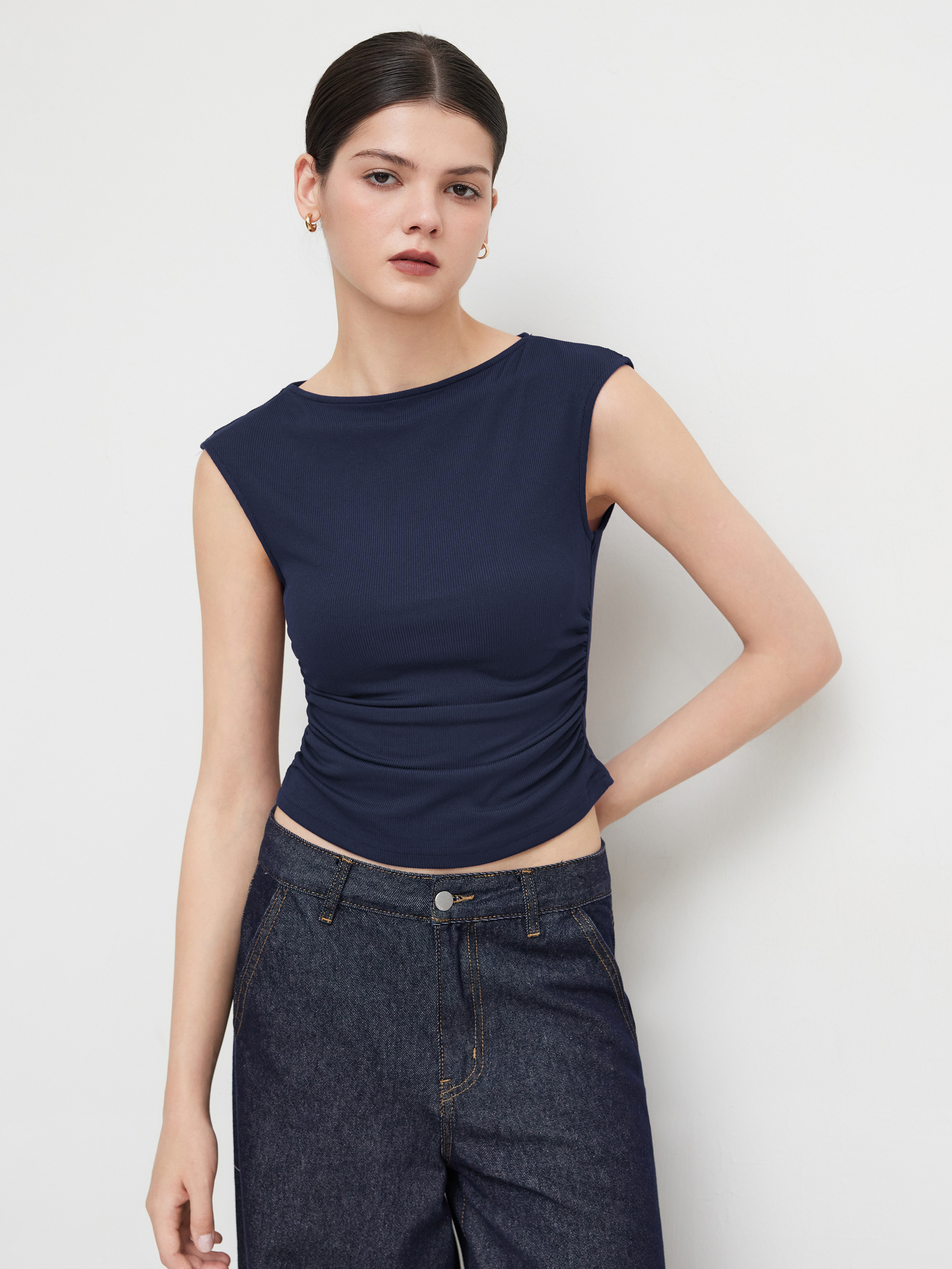 Knit Fabric Boat Neck Solid Ruched Tank Top For Daily Casual Work | Cider