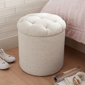 Eco Performance Textured Weave Oatmeal Tufted Round Storage Ottoman | Pottery Barn Teen