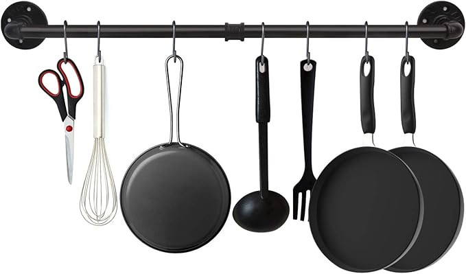 34.3 inch Industrial Pipe Pot Bar Rack with 15 S Hooks Rustic Iron Pots and Pans Hanging Rail Pip... | Amazon (US)