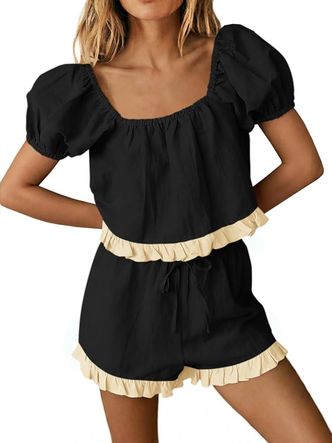 Tankaneo Womens 2 Piece Short Sets Summer Puff Sleeve Square Neck Babydoll Tops Cute Lounge Set C... | Amazon (US)