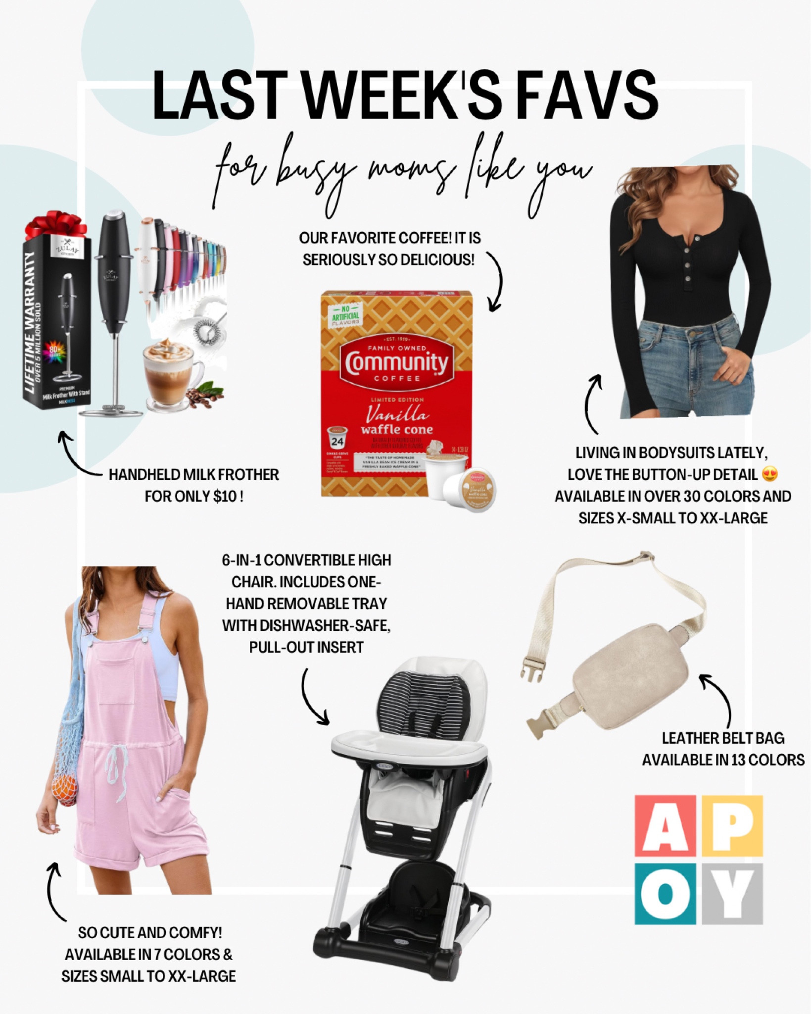 Favorite products for moms, kids, and the home including a pulsing coffee frother, Community Coffee Vanilla Waffle Cone k-cups, ribbed button-up bodysuit, cotton overalls, Graco 6-n-1 high chair, and leather belt bag

#LTKhome #LTKbaby #LTKfindsunder50