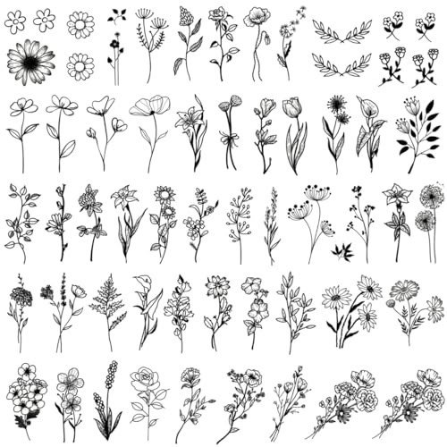 One Grace Mini Black Flower Temporary Tattoos - Realistic Long Lasting Waterproof Tiny Tattoos - Cute Floral Bouquet Wild Plants Small Tattoos for Women and Men | Amazon (US)