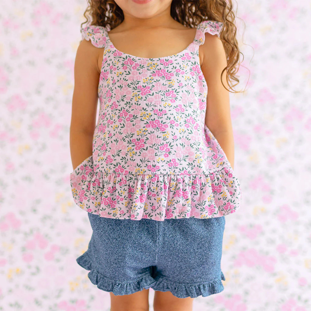 Floral Pointelle Pink Toddler Girl Ruffled Tank Top | Meadow Haze | Posh Peanut