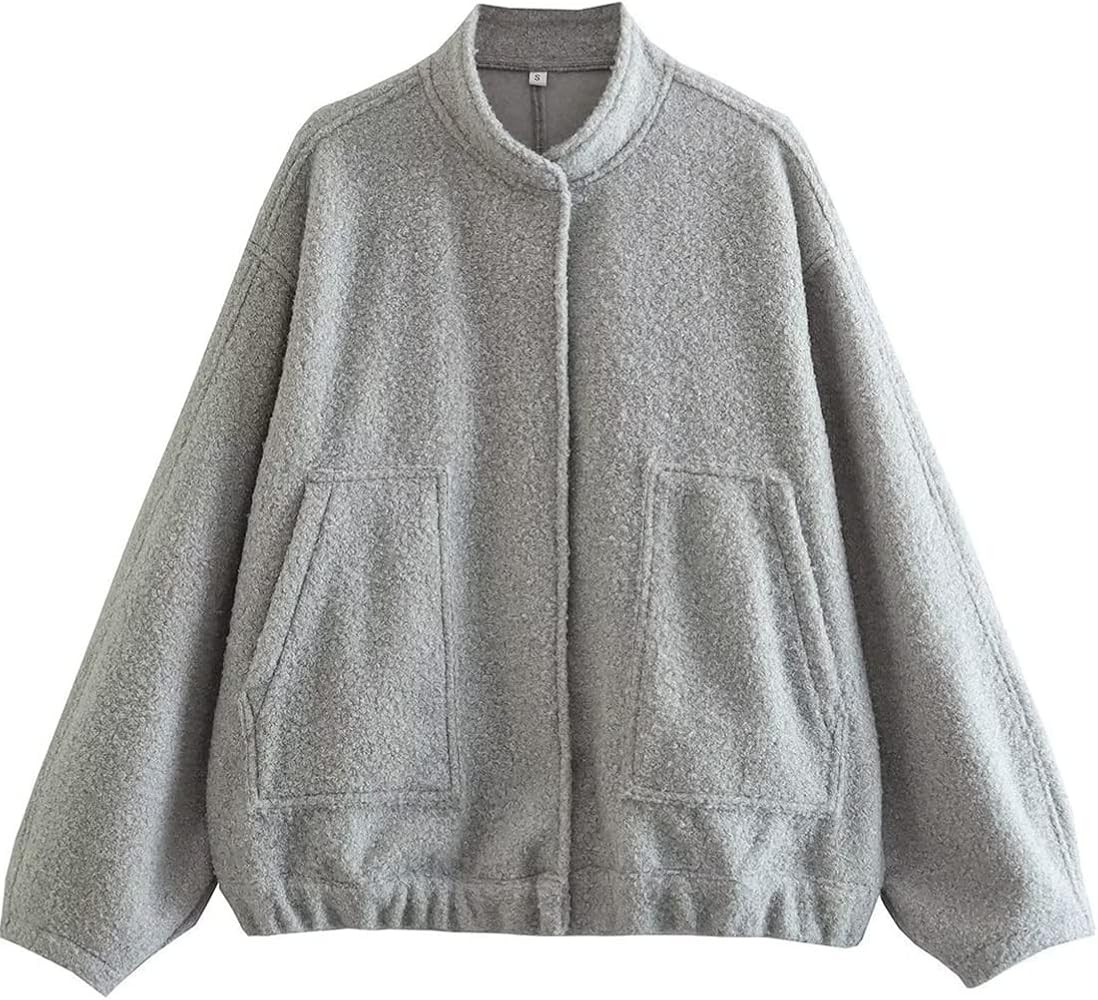 Athlisan Womens Oversized Wool Blend Bomber Jacket Casual Button Down Varsity Jacket with Pockets | Amazon (US)