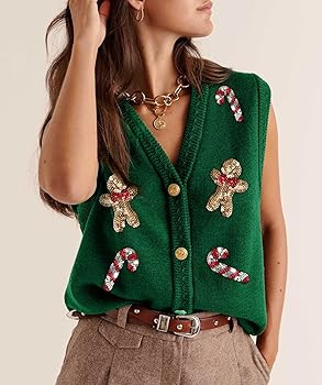 Women Christmas Sweater Vests Santa Claus Print Sleeveless Knit Cardigan Vest Christmas Holiday T... | Amazon (US)