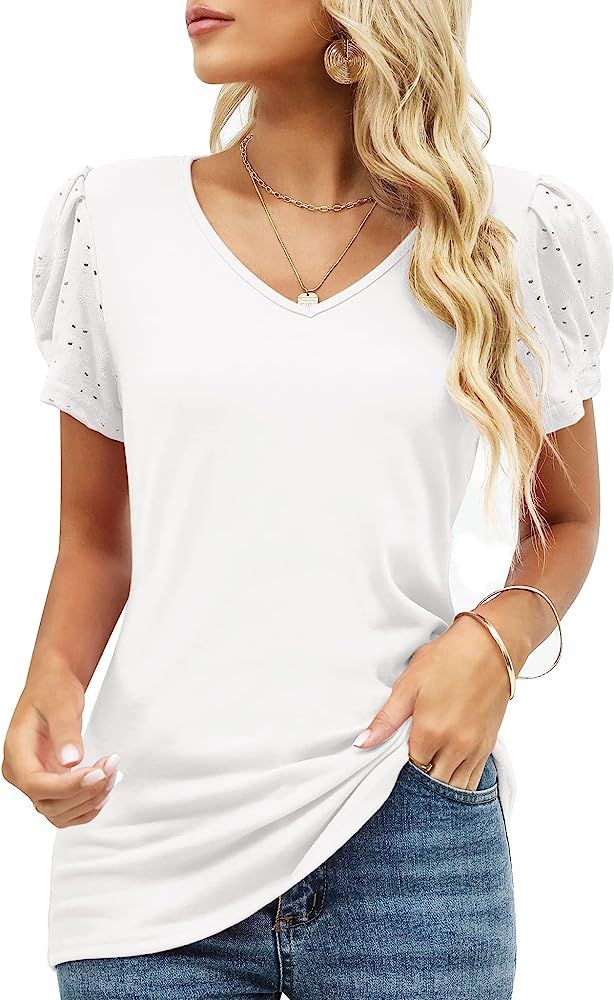 MAZOO Puff Sleeve Tops for Women V Neck Lace Short Sleeve T-Shirts Casual Loose Soft Tunic Blouse | Amazon (US)