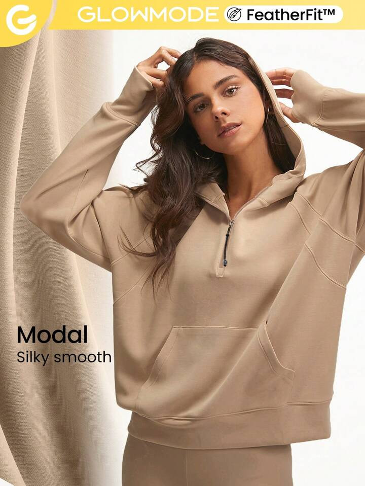 GLOWMODE Felpa con cappuccio modale seta tocco oversized mezza zip | SHEIN