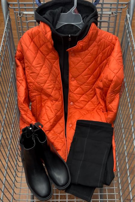 Sporty winter look with black hoodie and bright orange quilted coat. #walmartfashion

#LTKstyletip #LTKunder50