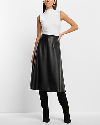 Express Women's Super High Waisted Faux Leather A-Line Midi Skirt in Pitch Black | Express