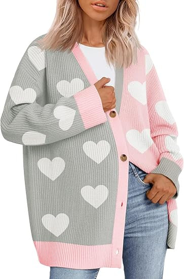 Saodimallsu Womens Heart Cardigan Sweaters Valentines Oversized Winter Color Block Button Up Cute... | Amazon (US)