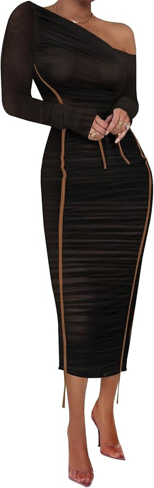 Women Sexy Mesh Maxi Dress Off Shoulder Long Sleeve Bodycon Ruched y2k Club Party Concert Night R... | Amazon (US)