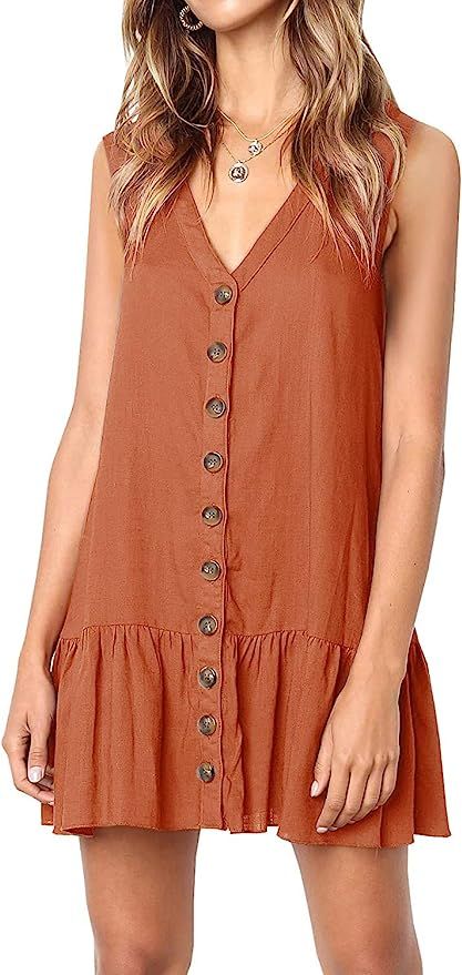 Chuanqi Womens Polka Dot V Neck Button Down Ruffles Casual Loose Swing Short Mini T-Shirt Dress | Amazon (US)