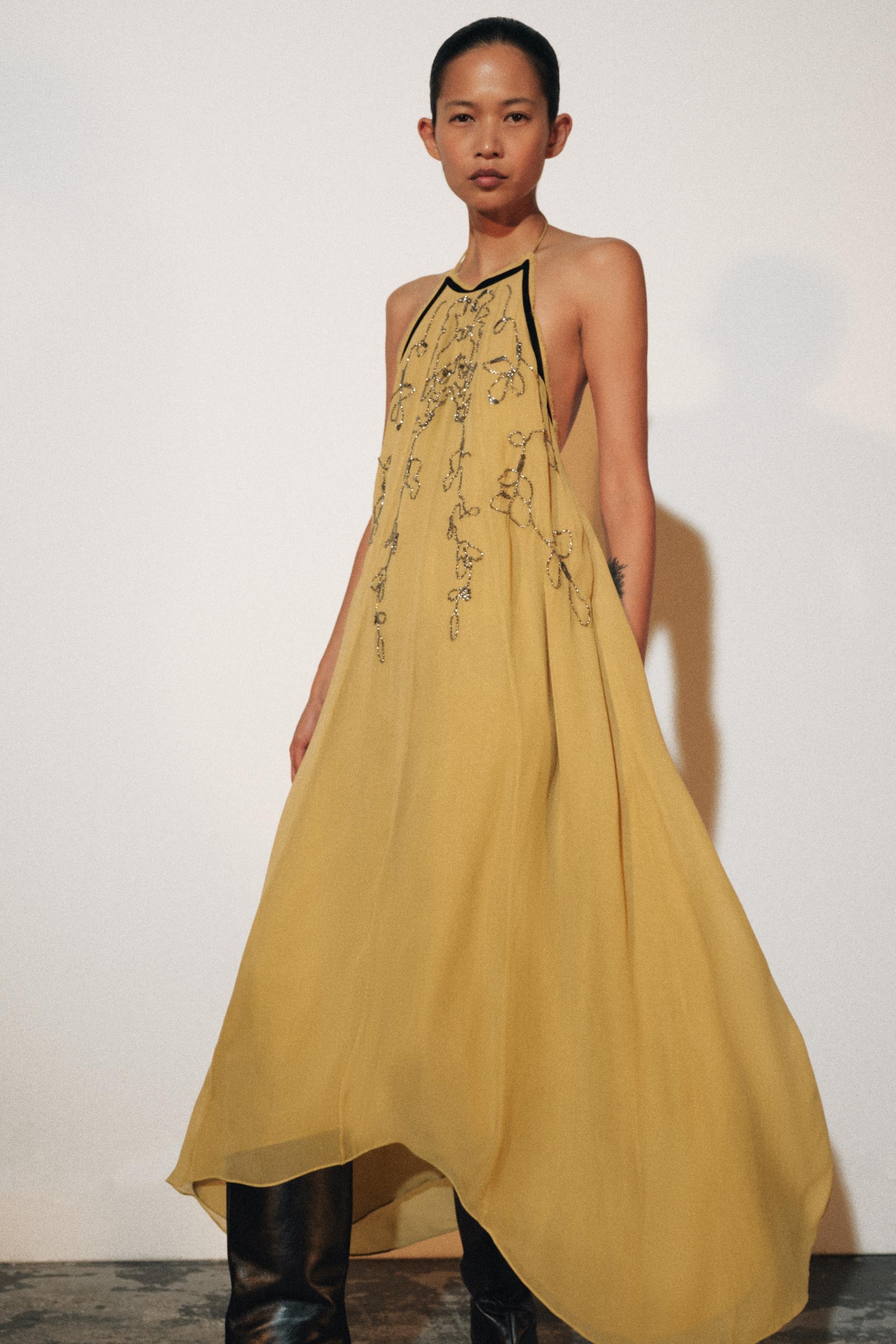 Zara - Zw Collection Beaded Embroidered Dress - Yellow - Xs - Woman | Zara US