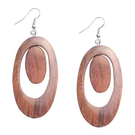 81stgeneration Women s Wood 925 Sterling Silver Oval Hoop Mod 60s Brown Dangle Earrings | Walmart (US)