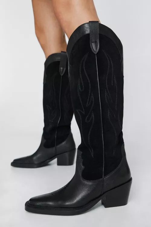 Leather And Suede Knee High Western Boots | Nasty Gal (US)
