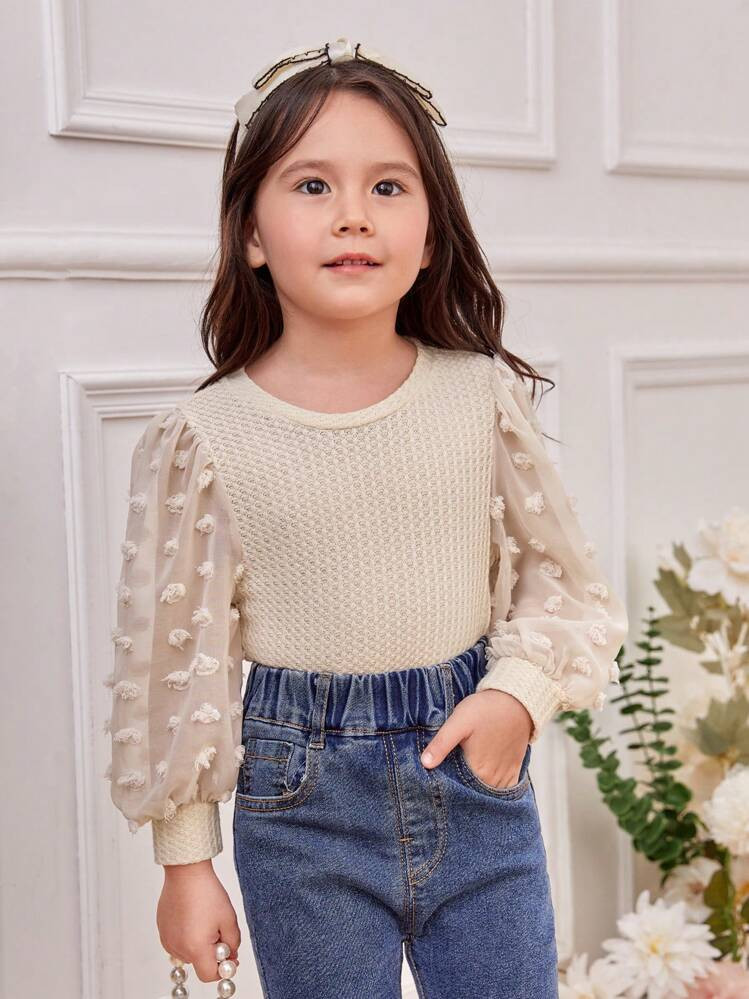 SHEIN Young Girl Swiss Dot Lantern Sleeve Tee | SHEIN