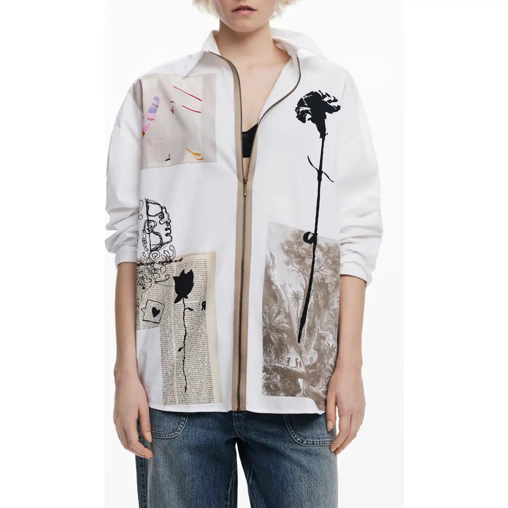 Desigual Relaxed Fit Zip Front Cotton Shirt in White at Nordstrom, Size Small | Nordstrom