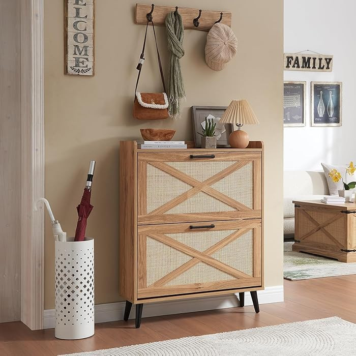 Shoe Storage Cabinet, Boho Shoe Organizer with 2 Flip Drawers & Rattan Design,Farmhouse Freestand... | Amazon (US)
