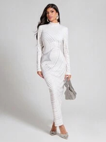 COSMINA Women Striped Stand Collar Long Sleeve Maxi Fitted Elegant Dress | SHEIN