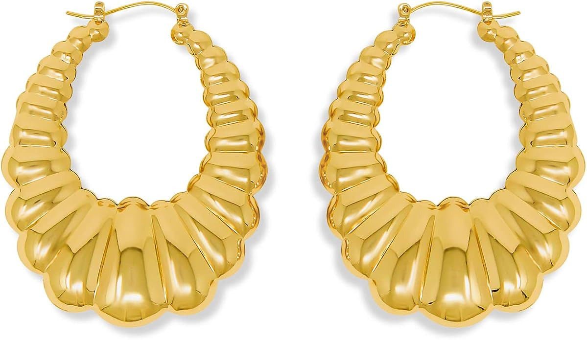 Gold Plated Hoop Earrings for Women – 2 Inch Oval Shaped Shrimp Puffy Scalloped Door Knocker St... | Amazon (US)