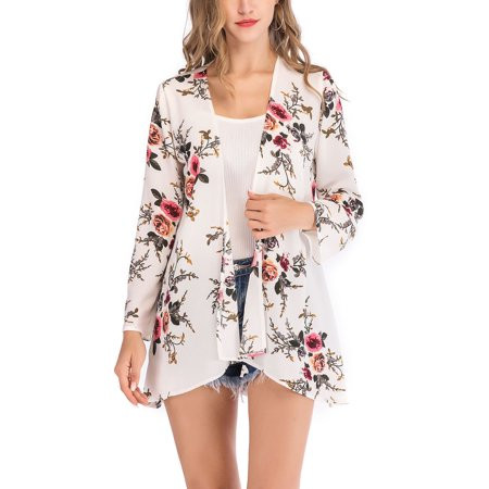 DODOING Womens Floral Loose Kimono Cardigan Boho Sun Block Coat Jacket Blouse Thin Long Sleeve Top S | Walmart (US)