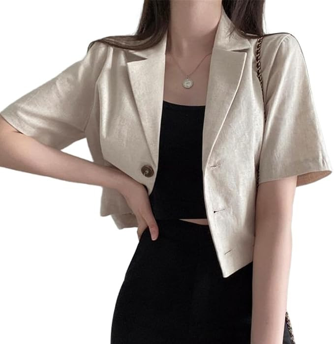 Womens Cropped Linen Blazer Lightweight Summer Casual Short Sleeve Cotton Linen Jackets | Amazon (US)