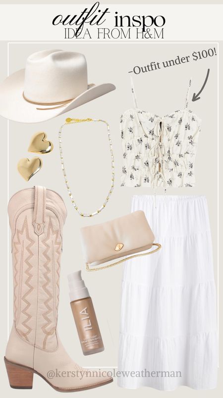 H+M outfit inspo | 20% off site wide today too! 
Love this fit so much! Might have to purchase it myself! So cutie!

White maxi skirt, cowgirl boots, cowgirl hat, pink purse, gold jewlery 


#LTKshoecrush #LTKstyletip #LTKfindsunder100