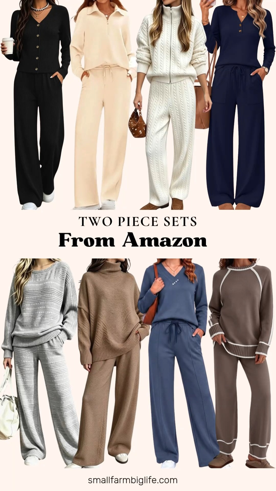Two Piece Sets From Amazon 🍂 Matching knit sets are one of the coziest fall fashion trends, and these Amazon finds look so put together with almost no effort. The cream cable knit sweater set has a zip up funnel neck and ribbed ankle cuffs, and it's perfect for cold weather. Love a wide leg pant? Choose from a camel mock neck pullover set, a grey crewneck sweater set, a black button down cardigan set, a cream zip hoodie set, and a navy blue V neck henley set. The nutmeg knit tracksuit with contrast piping has a fun vintage vibe, and the dusty blue long sleeve sweatsuit is so soft and comfy. Many of these sets have pockets, so they're great for airport travel outfits, holiday trips, weekend errands, and cozy days at home. Wear them together or mix the pieces with your favorite jeans and fall shoes for even more fall outfits for women over 50 and beyond!

#amazonfashion #amazonfinds #matchingset #loungewear #travelstyle #falloutfits 

 #LTKootd #LTKSeasonal #LTKOver40