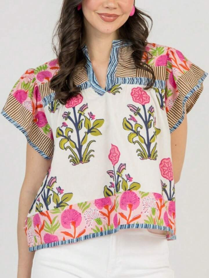 Women Y2K Floral Patchwork Fly Sleeve T Shirts V Neck Loose Fit Striped Trim Vest Shirts Summer C... | SHEIN