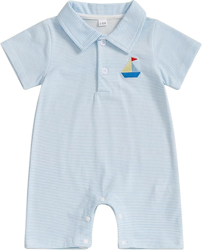Gueuusu Newborn Baby Boy Beach Outfit Sailboat/Crawfish Embroidery Button Romper Striped Lapel Sh... | Amazon (US)